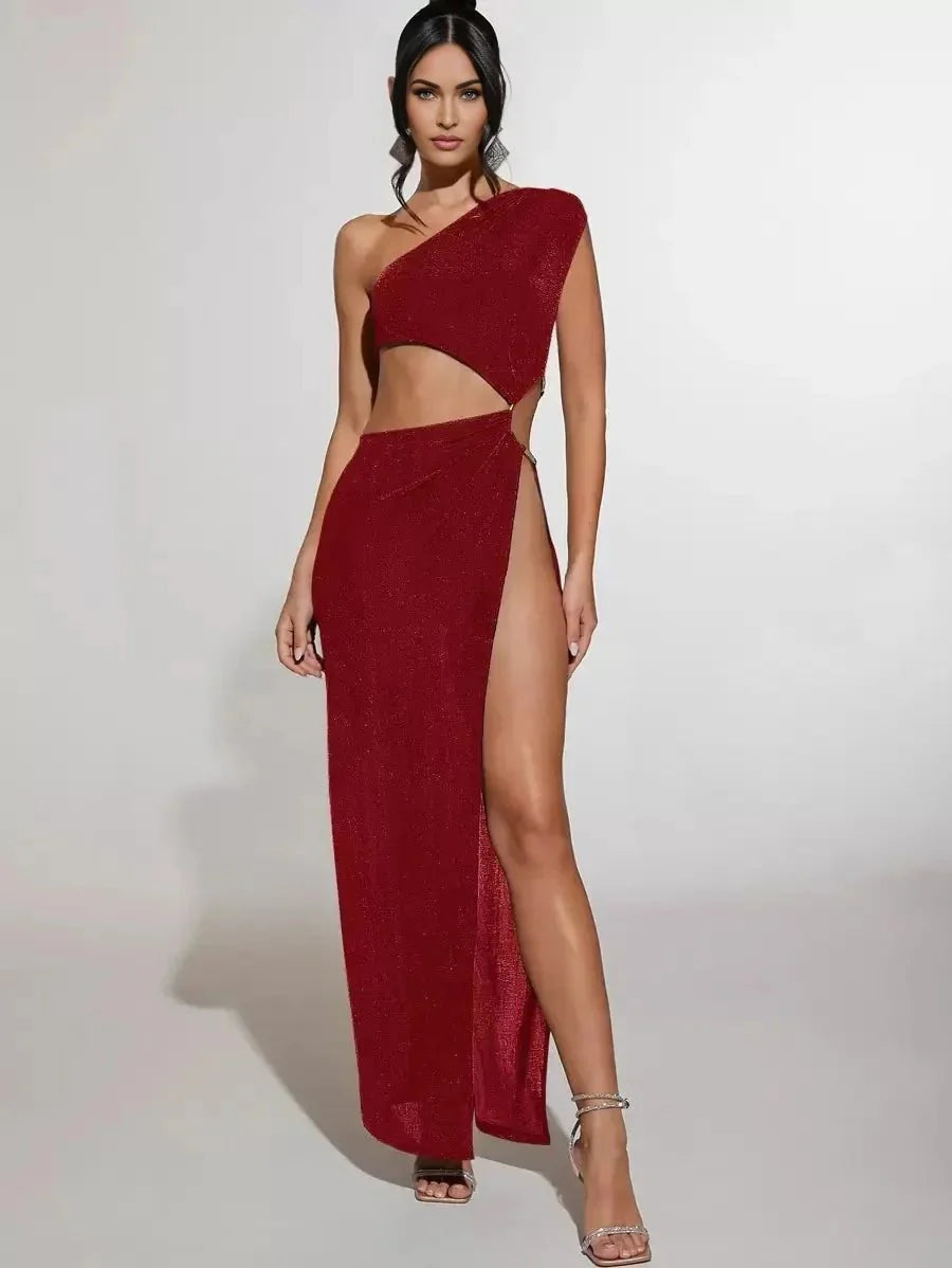 Antonia Maxi Dress - Knitted Fabric, High Stretch - Asymmetrical Neckline - Sleeveless - Slim Fit - Cut Out, Ring, Split Thigh