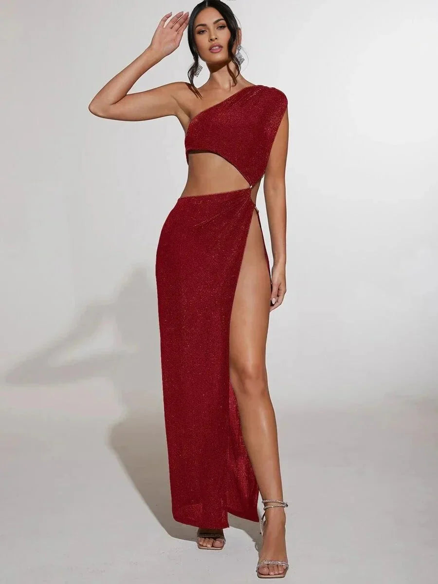 Antonia Maxi Dress - Knitted Fabric, High Stretch - Asymmetrical Neckline - Sleeveless - Slim Fit - Cut Out, Ring, Split Thigh