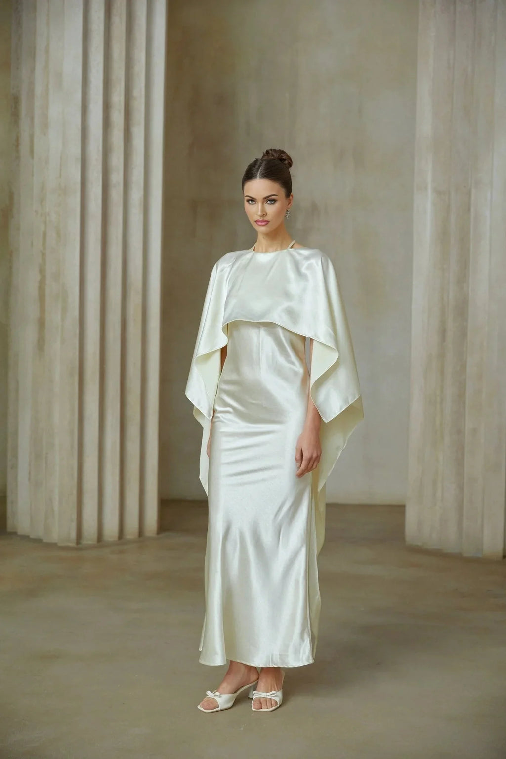 Antonia Maxi Dress White Satin Shawl - Panel With Open Back & Cinched Waist