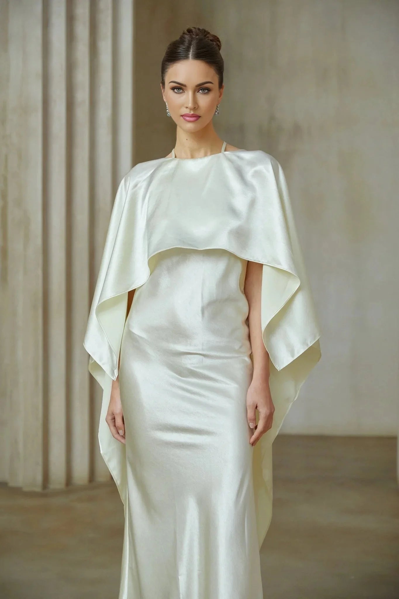 Antonia Maxi Dress White Satin Shawl - Panel With Open Back & Cinched Waist