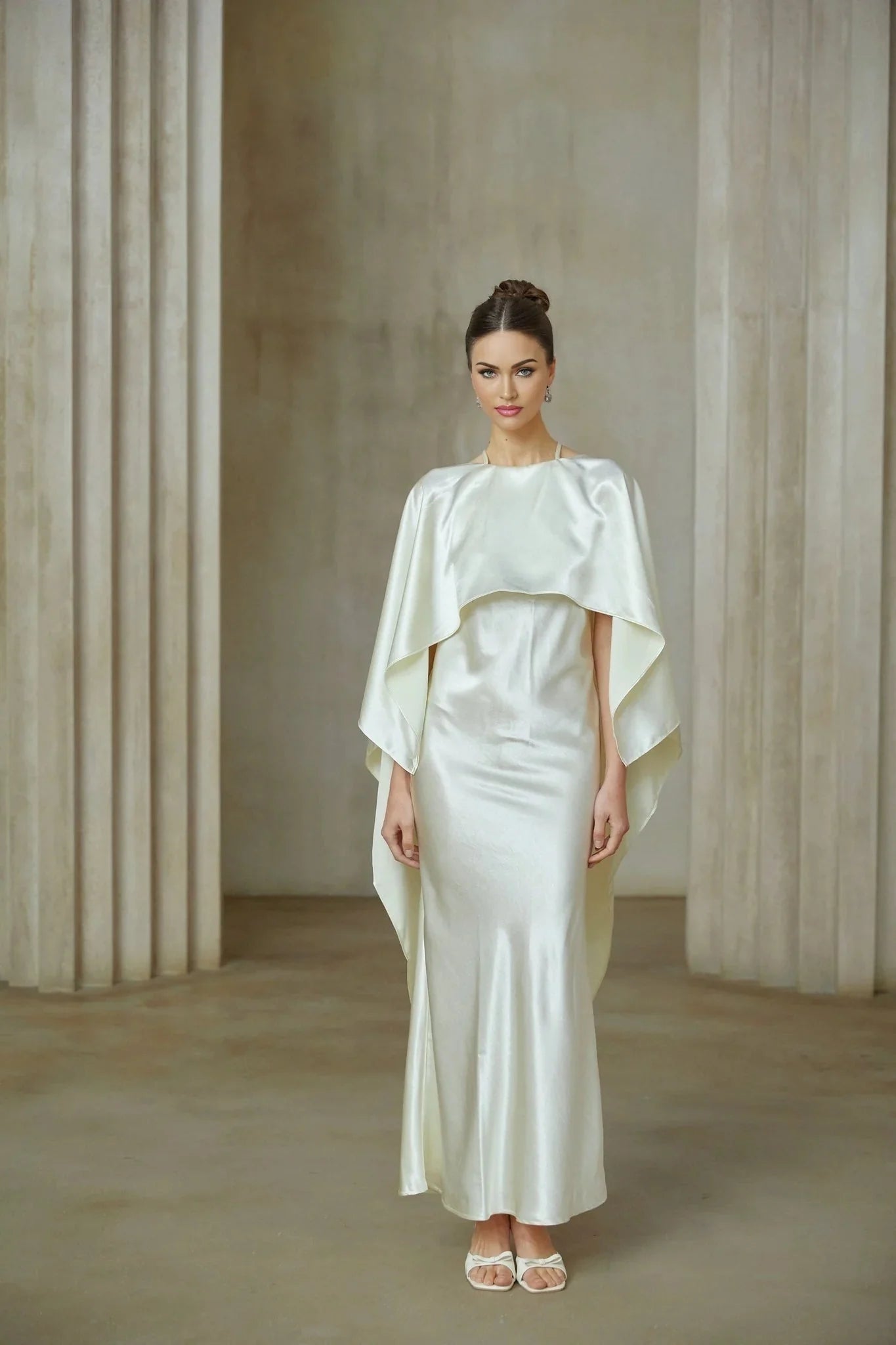 Antonia Maxi Dress White Satin Shawl - Panel With Open Back & Cinched Waist