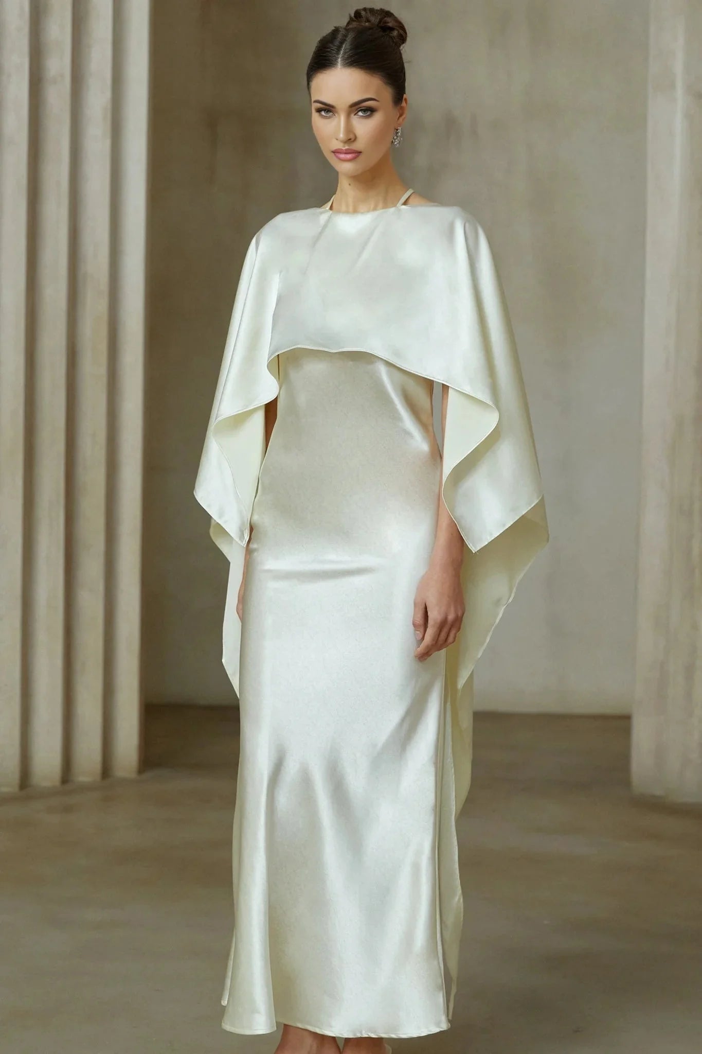 Antonia Maxi Dress White Satin Shawl - Panel With Open Back & Cinched Waist