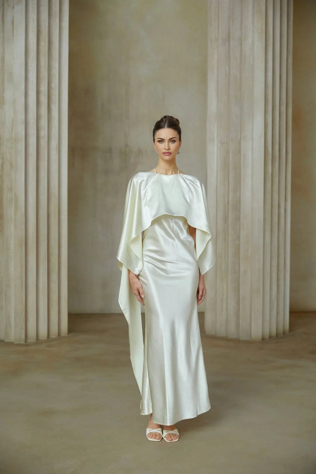 Antonia Maxi Dress White Satin Shawl - Panel With Open Back & Cinched Waist