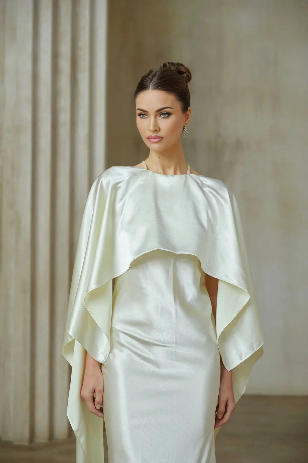 Antonia Maxi Dress White Satin Shawl - Panel With Open Back & Cinched Waist