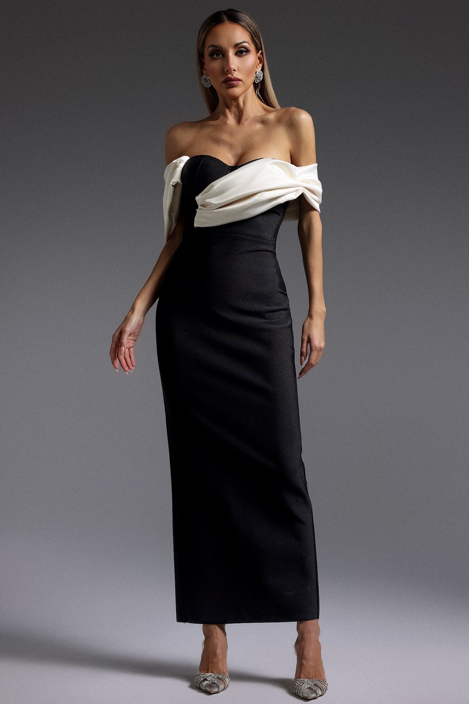 Antonietta Black Off-Shoulder Draped Maxi Dress
