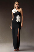 Antonietta Black One Shoulder Maxi Dress with High Slit and Floral Detailing