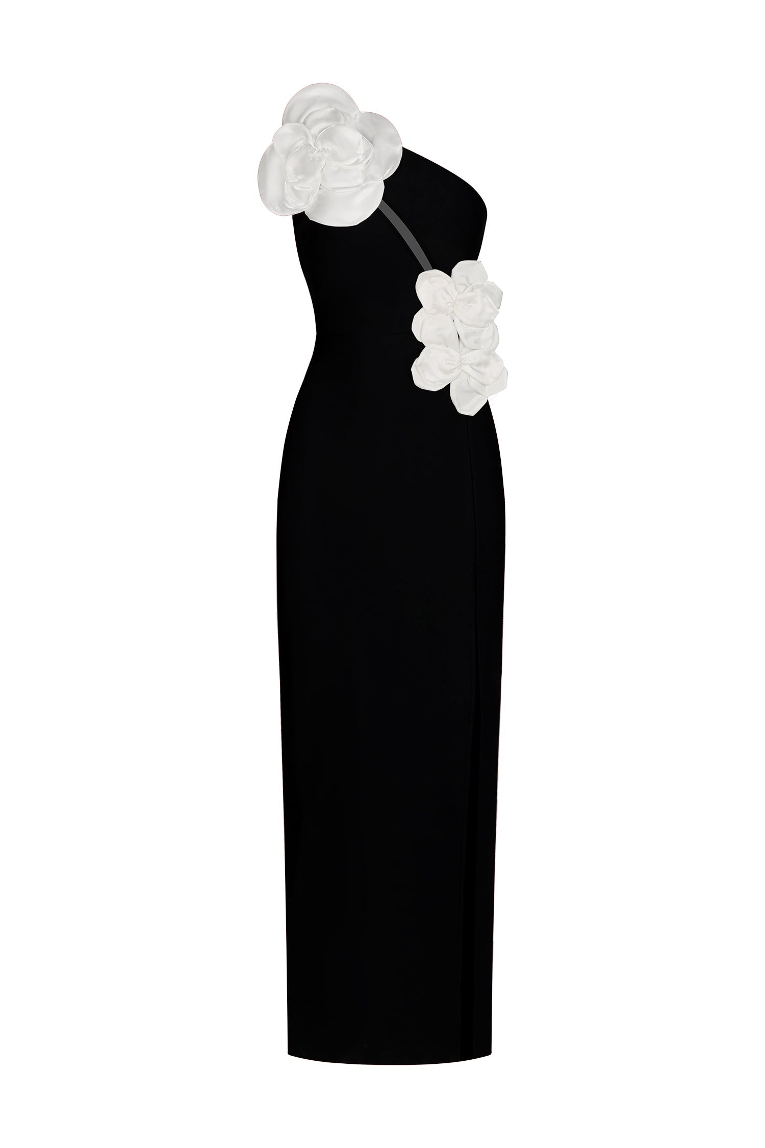 Antonietta Black One-Shoulder Maxi Dress with Floral Detailing and High Slit