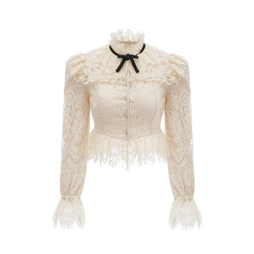 Antonietta Blouse - Flared Cuffs - Frilled Neck - Bow Detailing - Floral Lace Overlay - Cropped