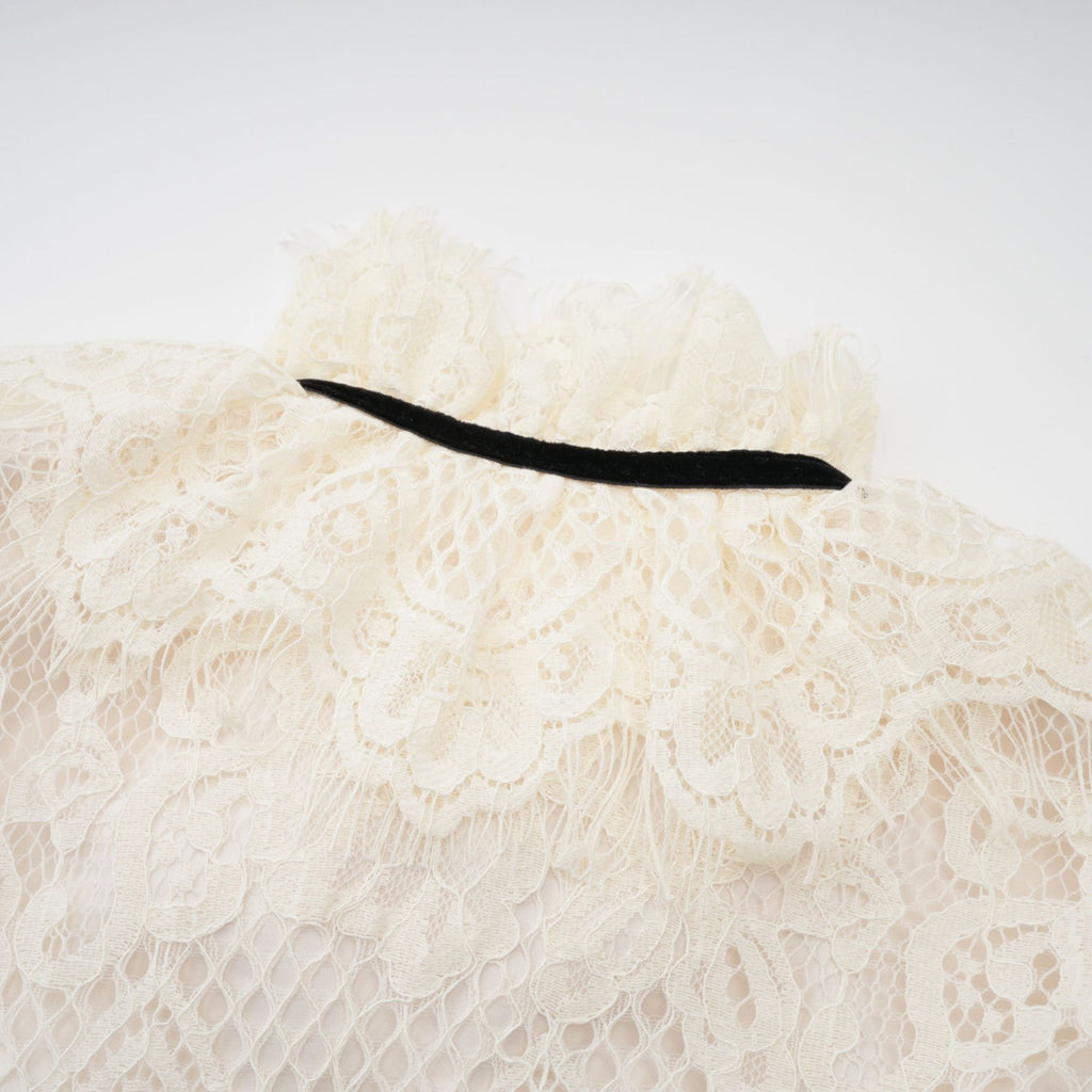 Antonietta Blouse - Flared Cuffs - Frilled Neck - Bow Detailing - Floral Lace Overlay - Cropped