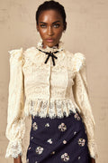 Antonietta Blouse - Flared Cuffs - Frilled Neck - Bow Detailing - Floral Lace Overlay - Cropped