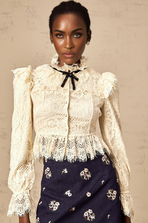 Antonietta Blouse - Flared Cuffs - Frilled Neck - Bow Detailing - Floral Lace Overlay - Cropped