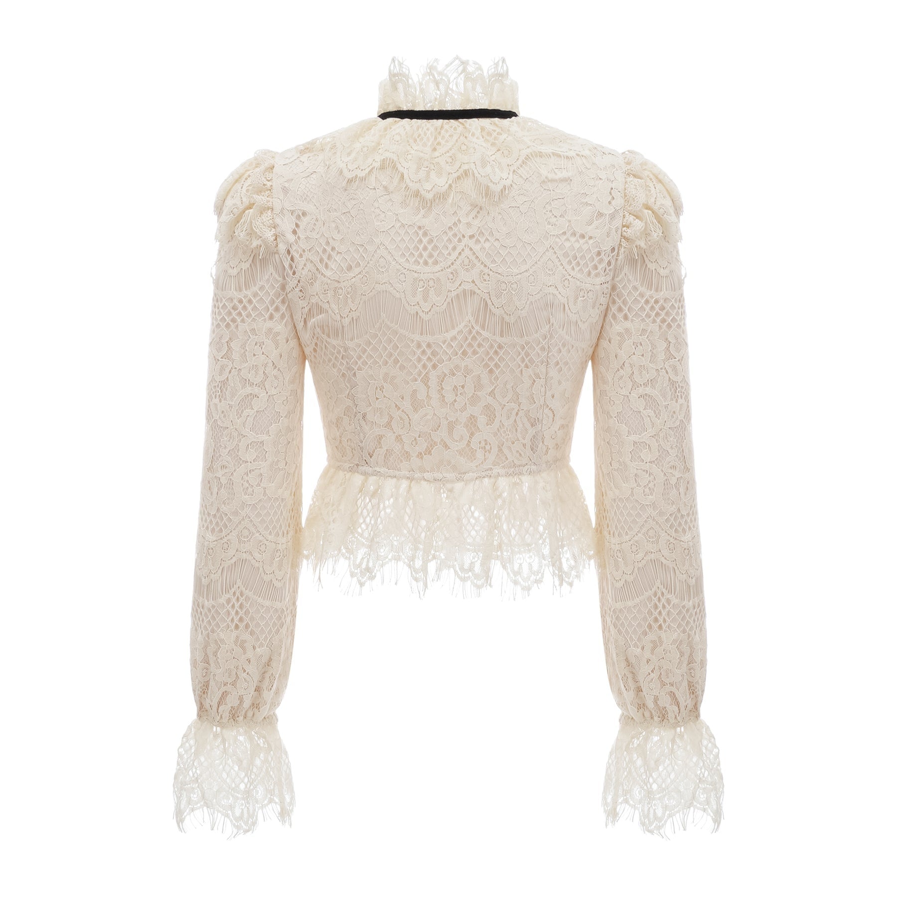 Antonietta Blouse - Flared Cuffs - Frilled Neck - Bow Detailing - Floral Lace Overlay - Cropped