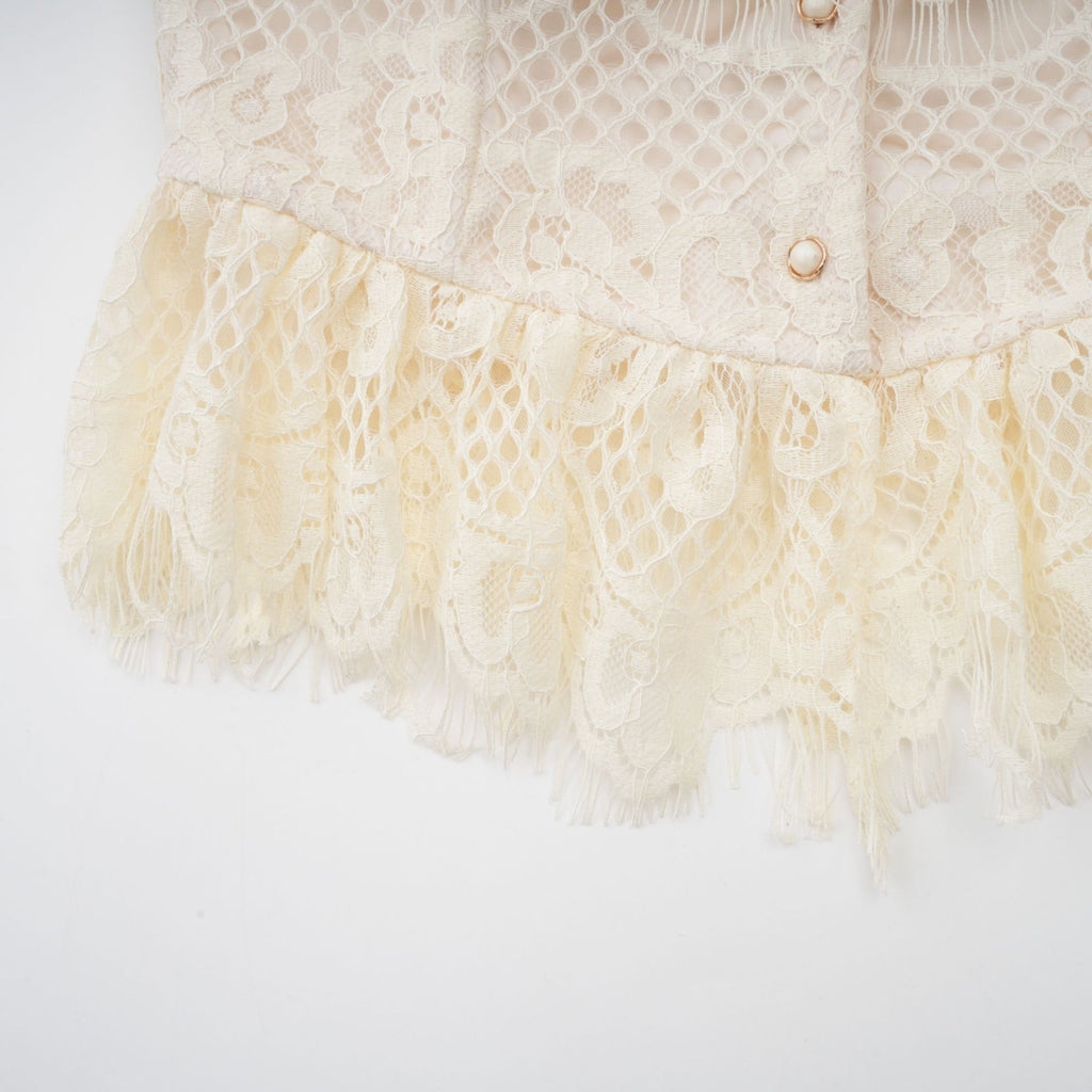 Antonietta Blouse - Flared Cuffs - Frilled Neck - Bow Detailing - Floral Lace Overlay - Cropped