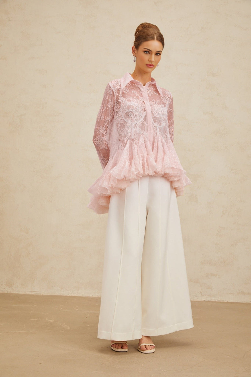 Antonietta Blouse - Pointed Collar - Flared Sleeves - Semi - Sheer Lace - Ruffled Sequin Embellished - Peplum Hem