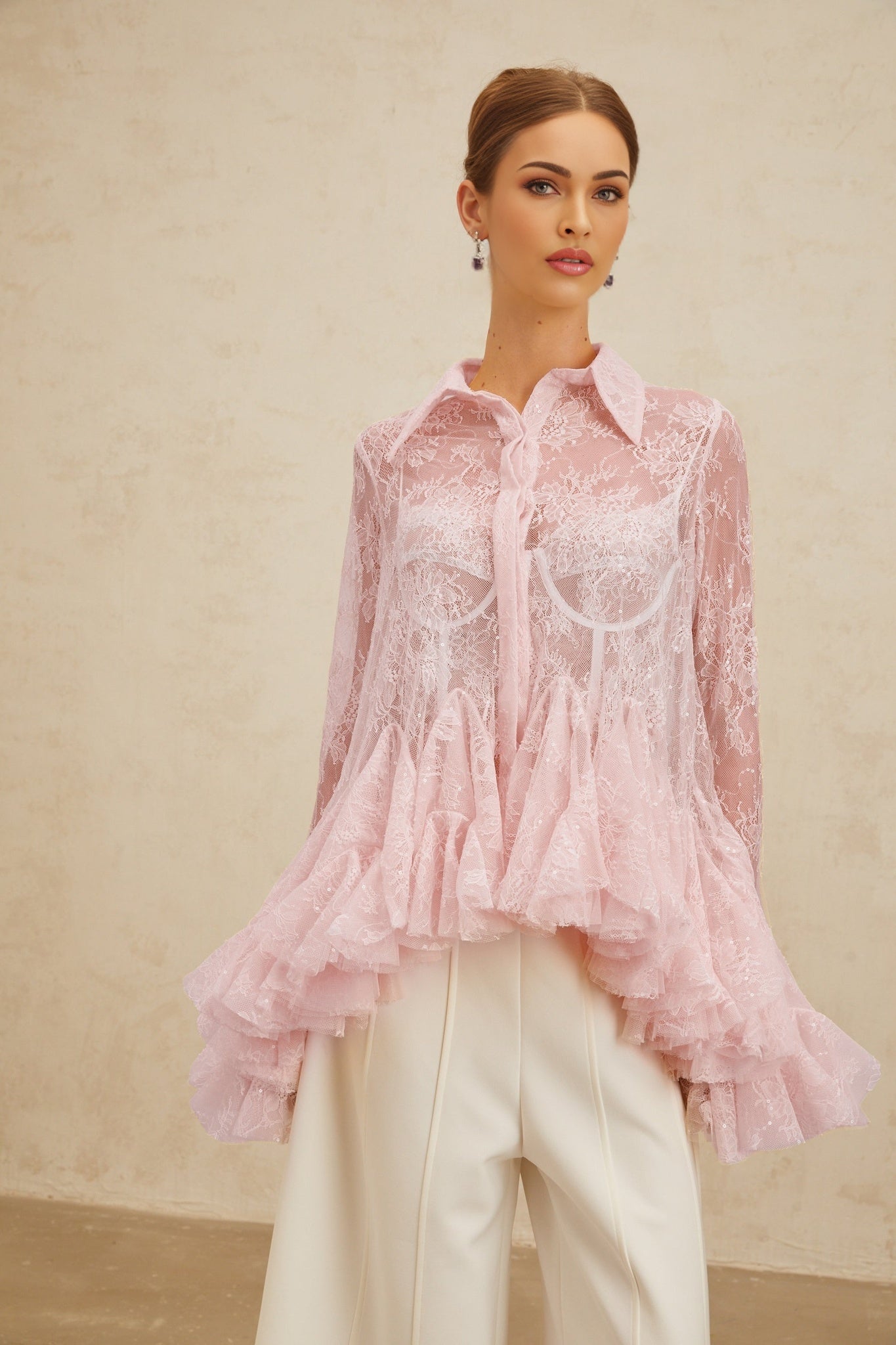 Antonietta Blouse - Pointed Collar - Flared Sleeves - Semi - Sheer Lace - Ruffled Sequin Embellished - Peplum Hem