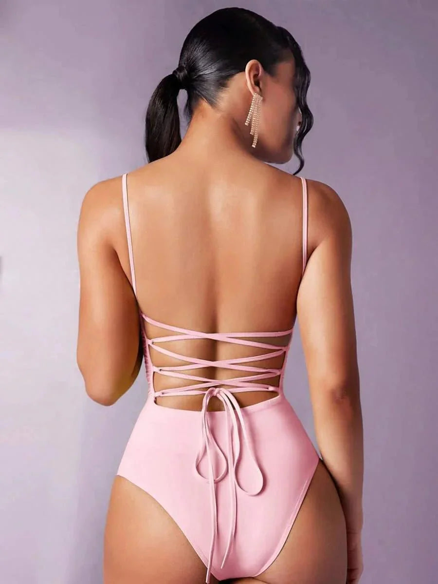 Antonietta Bodysuit - Elasticity: High Stretch - Fit Type: Slim Fit - Fabric: Knitted Fabric - Backless, Lace Up - Style: Casual Style