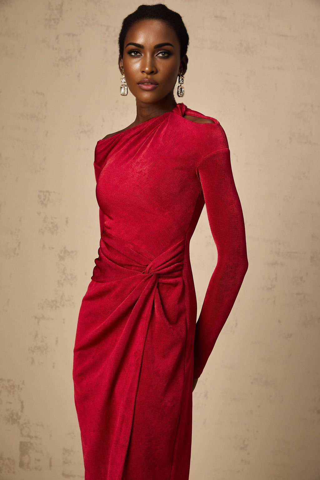 Antonietta Midi Dress - One - Shoulder Design - Long Sleeves - Cut - Out Detailing - High Slit