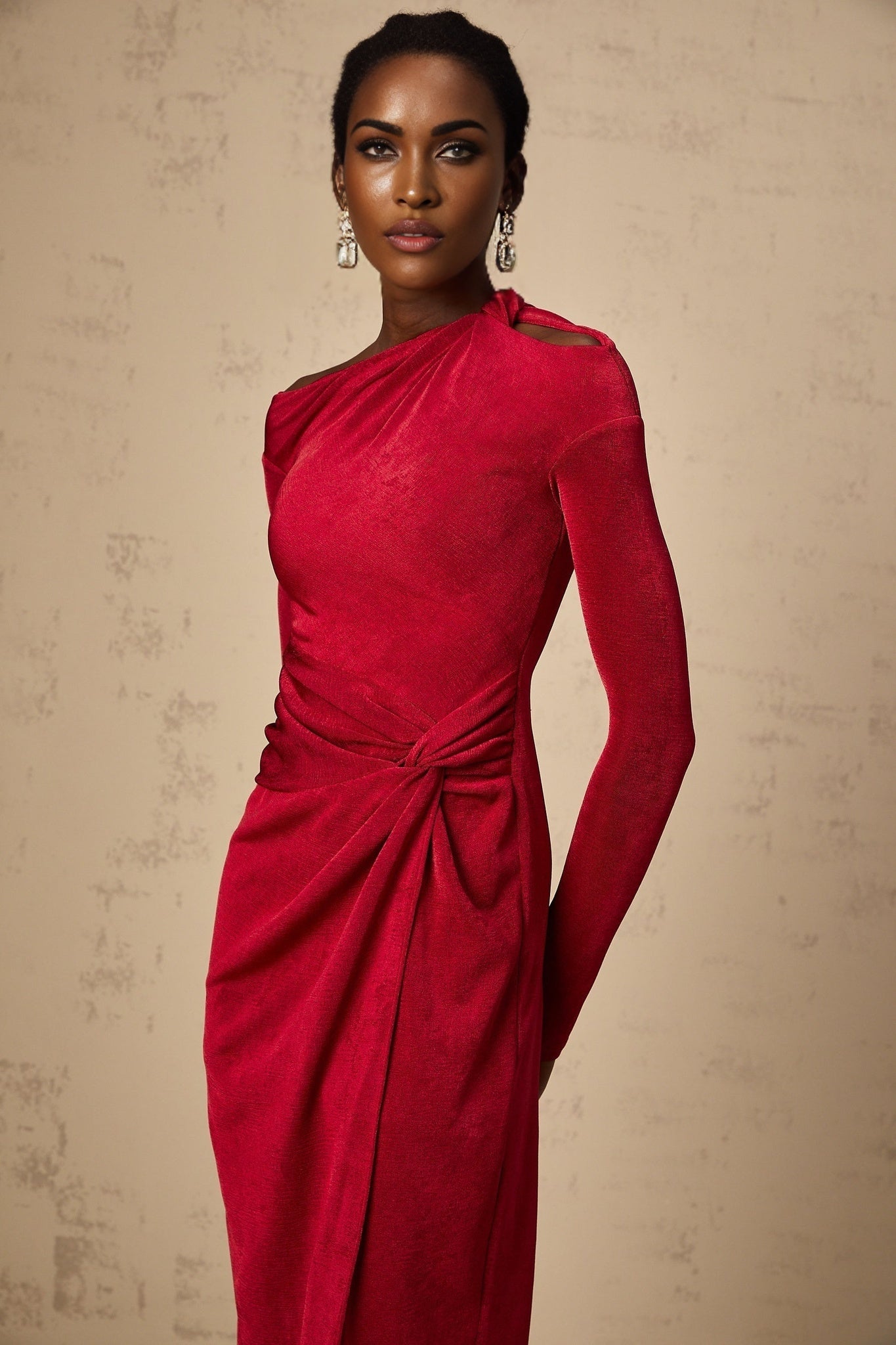 Antonietta Midi Dress - One - Shoulder Design - Long Sleeves - Cut - Out Detailing - High Slit