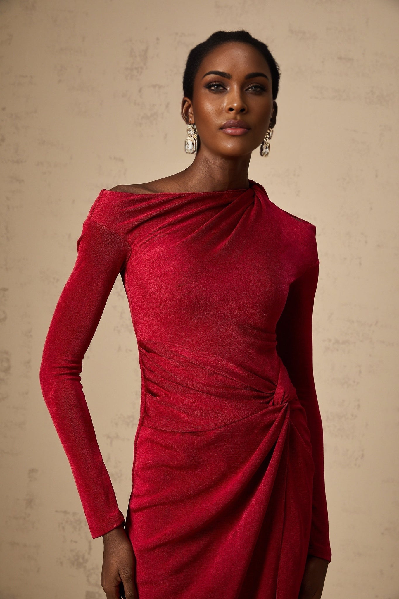 Antonietta Midi Dress - One - Shoulder Design - Long Sleeves - Cut - Out Detailing - High Slit