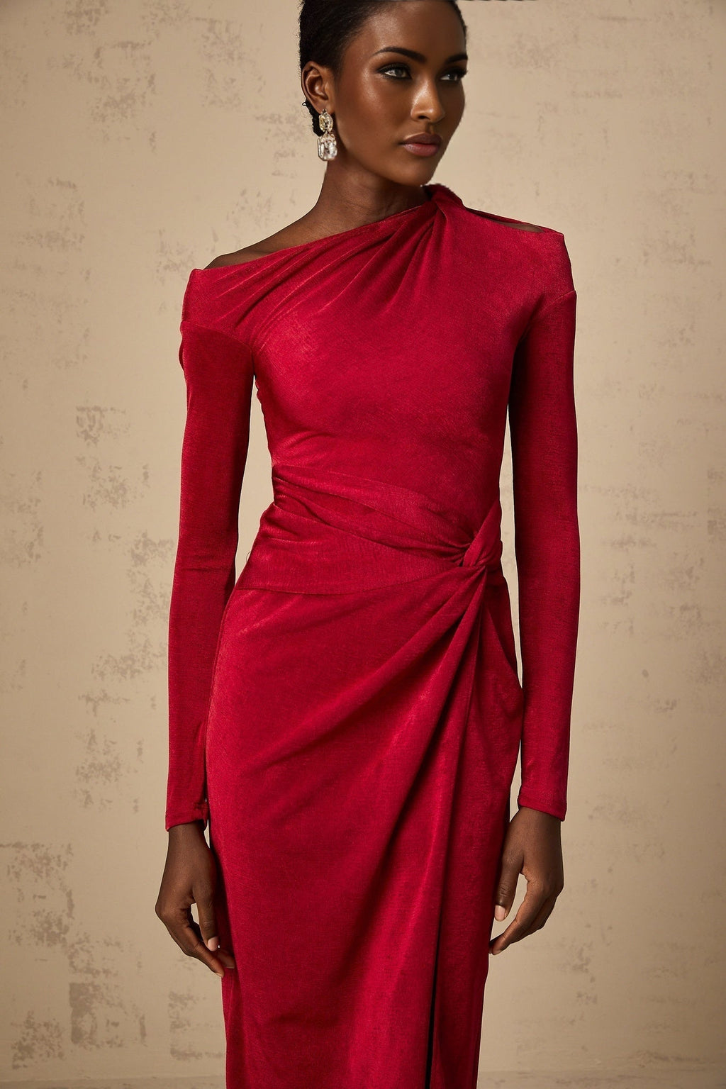 Antonietta Midi Dress - One - Shoulder Design - Long Sleeves - Cut - Out Detailing - High Slit
