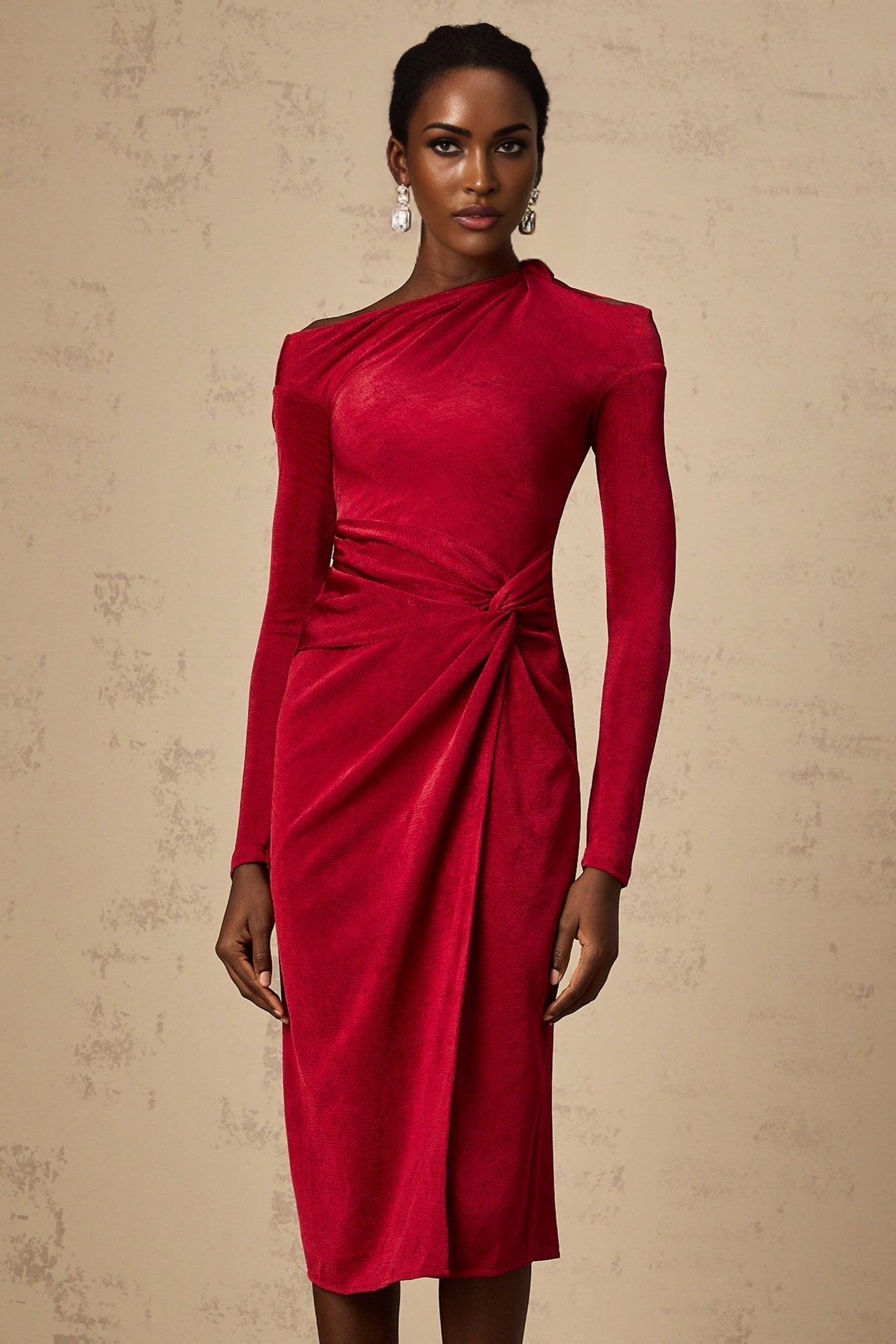Antonietta Midi Dress - One - Shoulder Design - Long Sleeves - Cut - Out Detailing - High Slit
