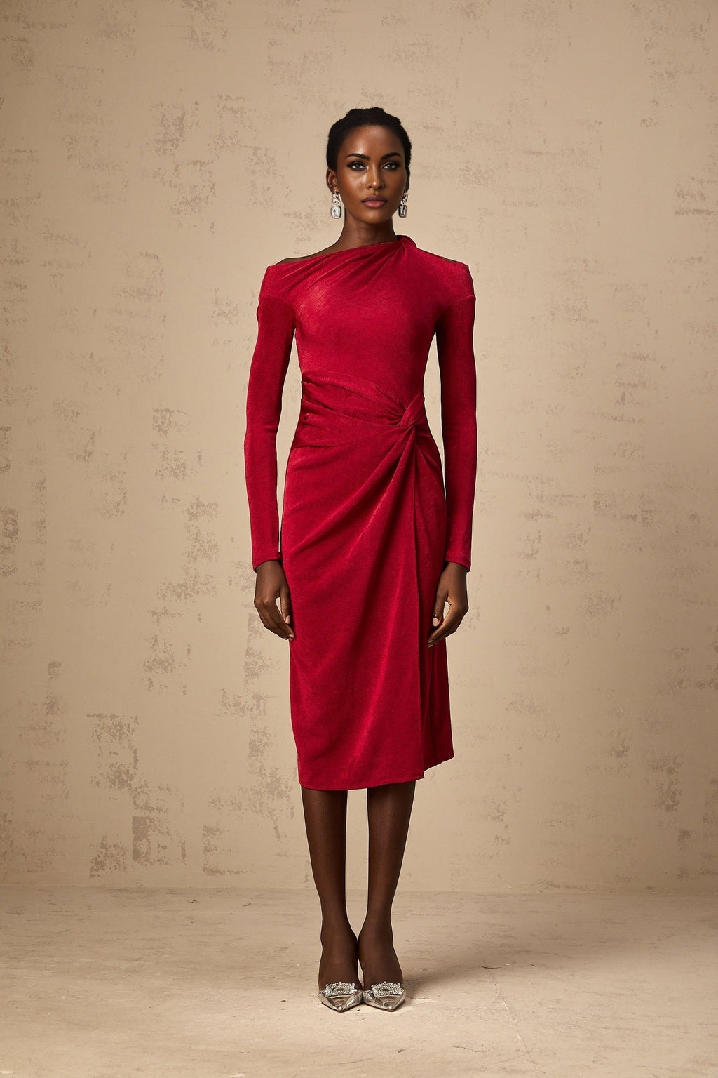 Antonietta Midi Dress - One - Shoulder Design - Long Sleeves - Cut - Out Detailing - High Slit