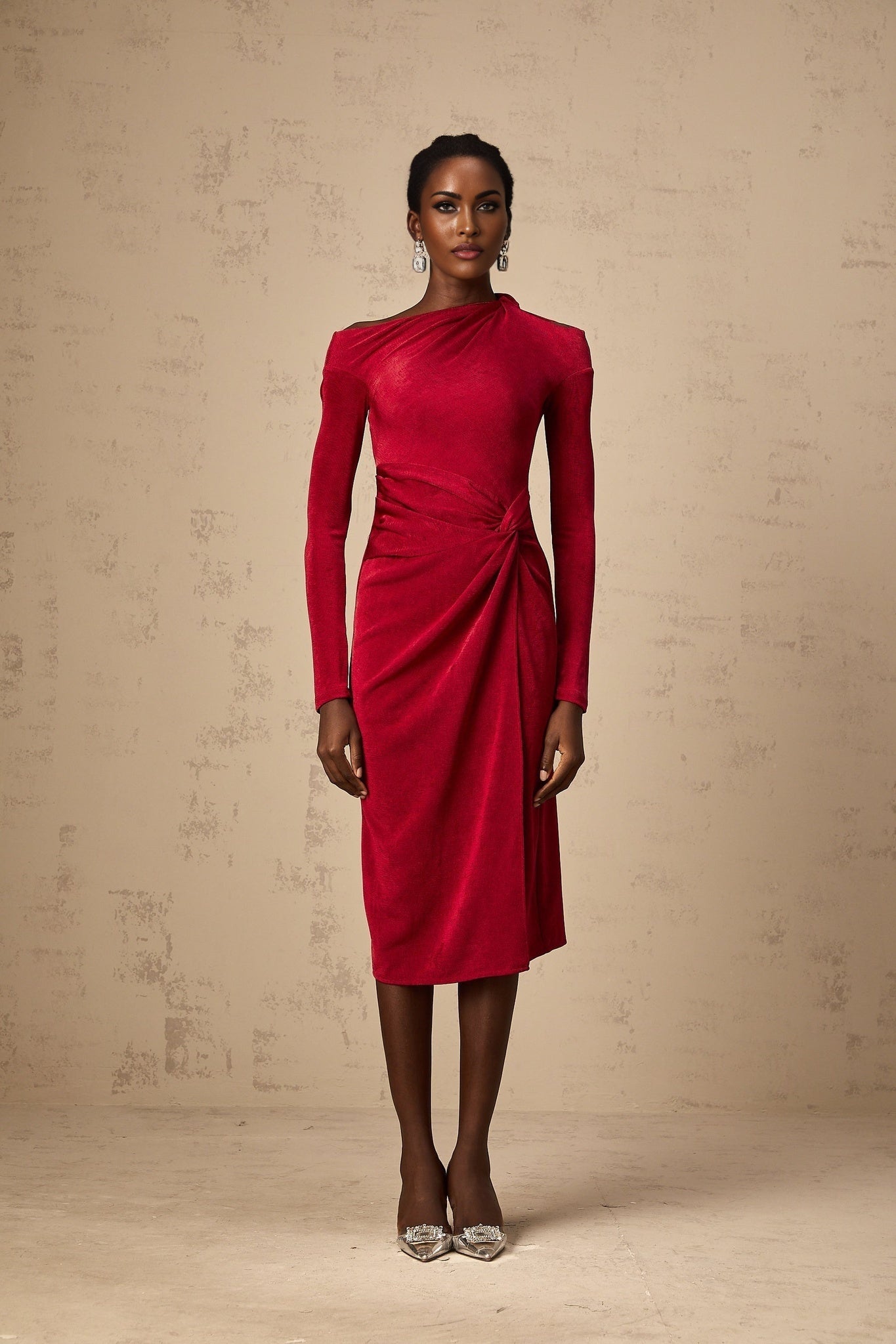 Antonietta Midi Dress - One - Shoulder Design - Long Sleeves - Cut - Out Detailing - High Slit