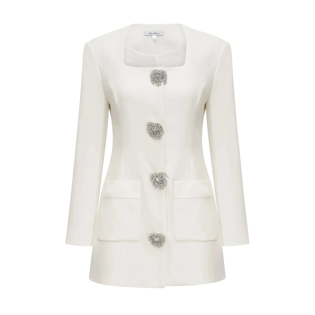 Antonietta Mini Dress - Long Sleeve - Front Button Detailing - Square Neck - Straight Hem
