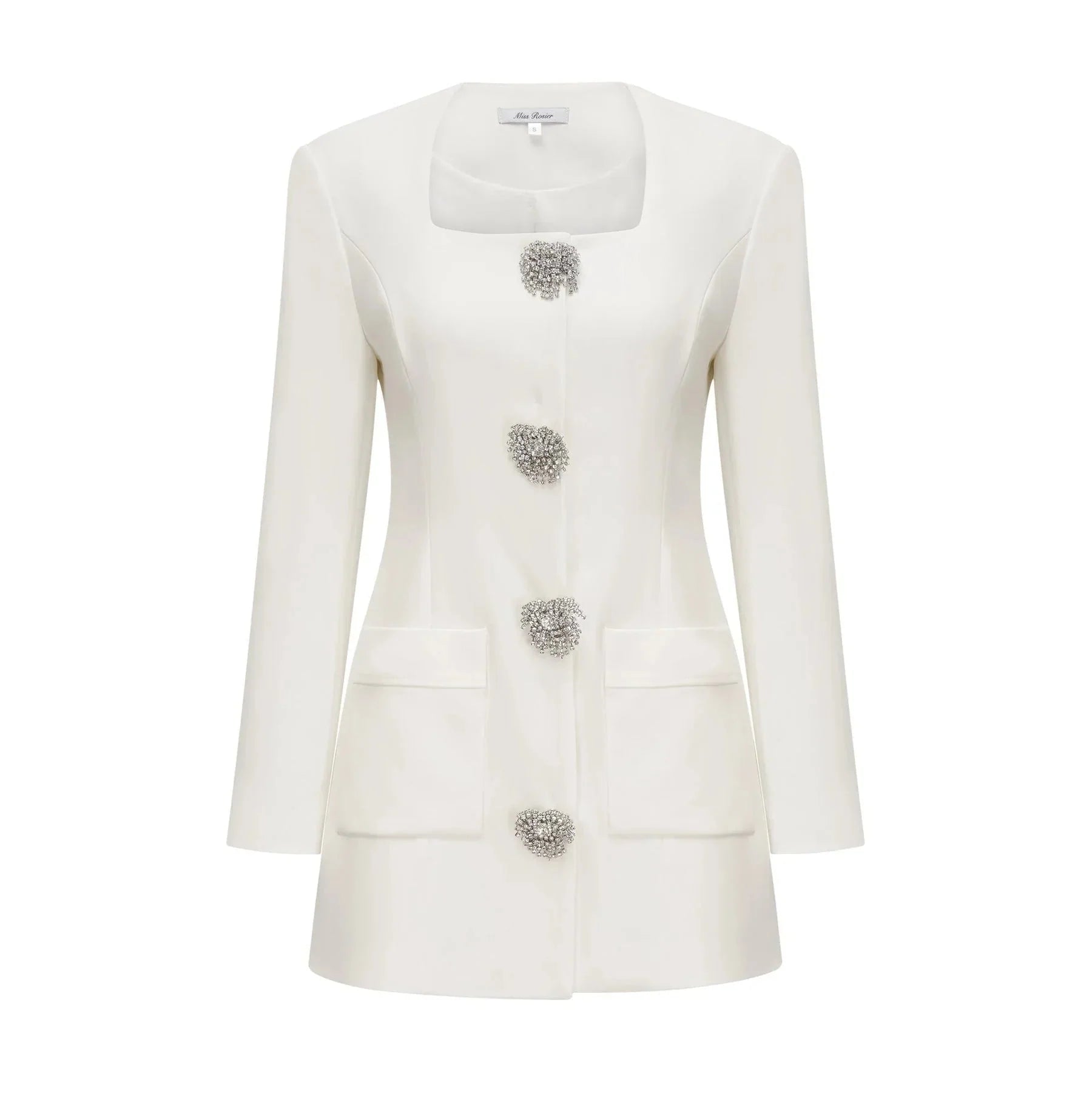 Antonietta Mini Dress - Long Sleeve - Front Button Detailing - Square Neck - Straight Hem