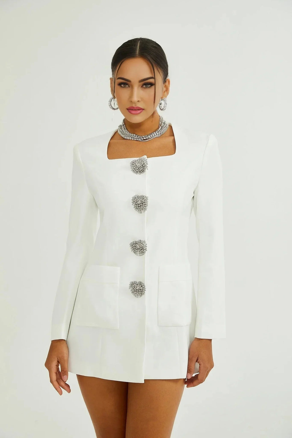 Antonietta Mini Dress - Long Sleeve - Front Button Detailing - Square Neck - Straight Hem