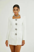 Antonietta Mini Dress - Long Sleeve - Front Button Detailing - Square Neck - Straight Hem