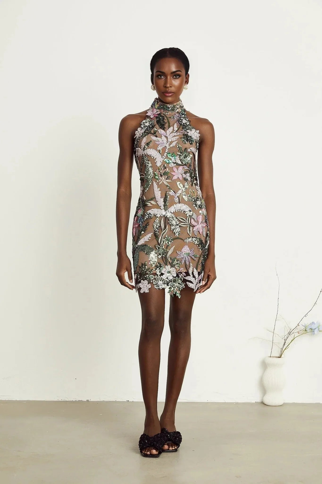 Antonietta Mini Dress - Mock Neck - Sequin Embellishment - Embroidery Detail - Rear Zip Fastening - Thigh Length