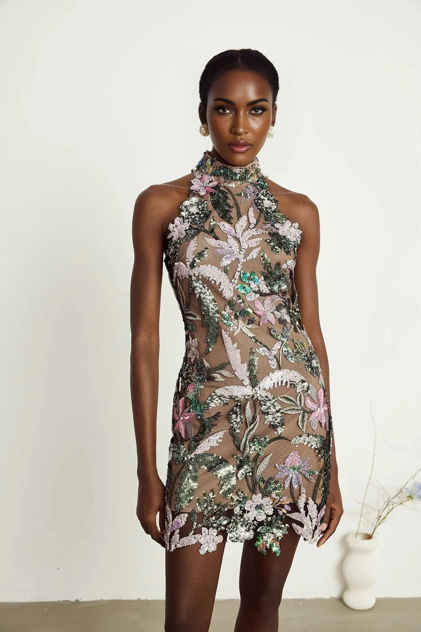 Antonietta Mini Dress - Mock Neck - Sequin Embellishment - Embroidery Detail - Rear Zip Fastening - Thigh Length