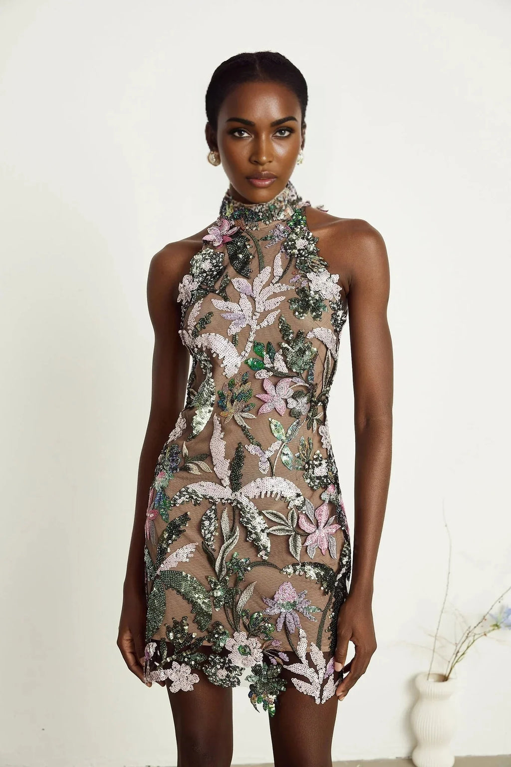 Antonietta Mini Dress - Mock Neck - Sequin Embellishment - Embroidery Detail - Rear Zip Fastening - Thigh Length