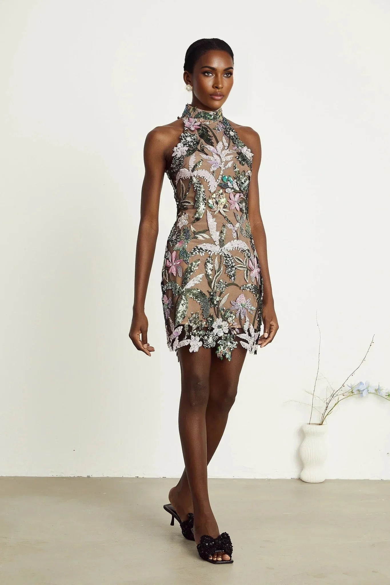 Antonietta Mini Dress - Mock Neck - Sequin Embellishment - Embroidery Detail - Rear Zip Fastening - Thigh Length