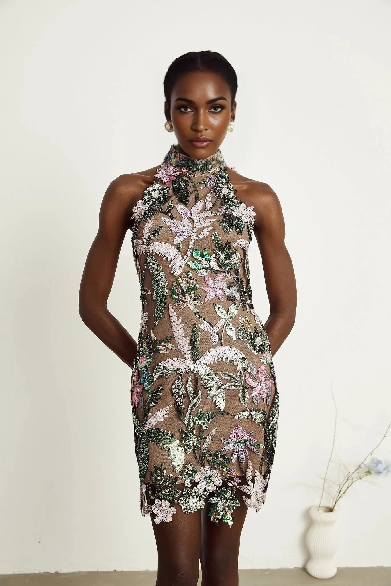 Antonietta Mini Dress - Mock Neck - Sequin Embellishment - Embroidery Detail - Rear Zip Fastening - Thigh Length
