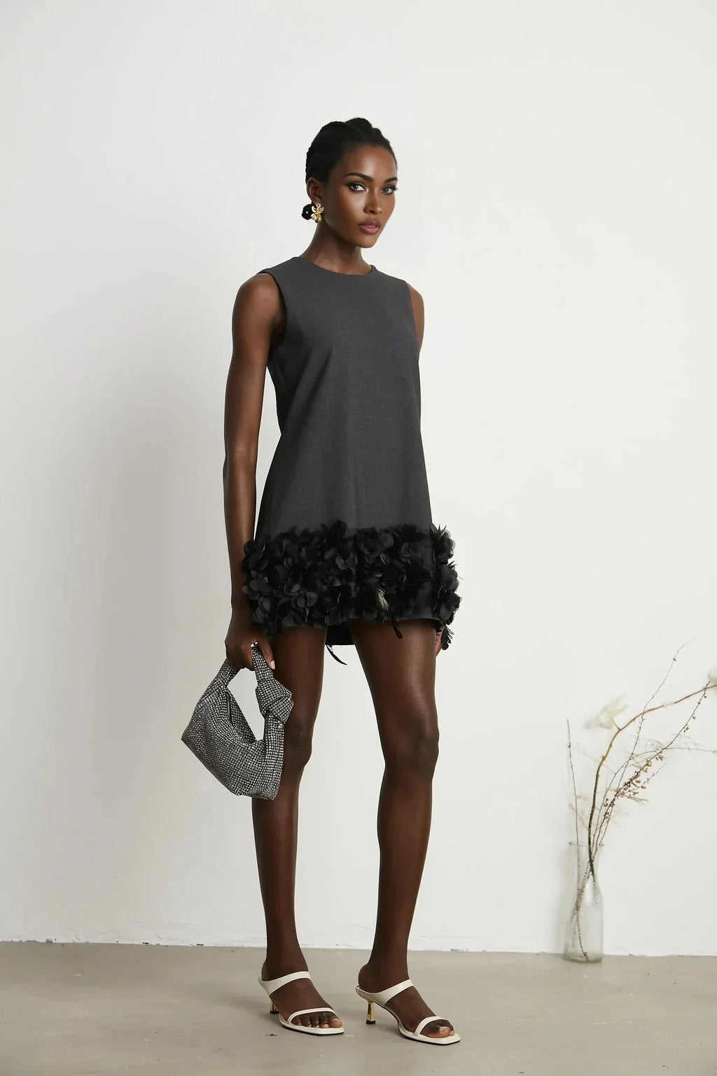 Antonietta Mini Dress - Sleeveless Crew Neck with Feather and Crystal Embellishments