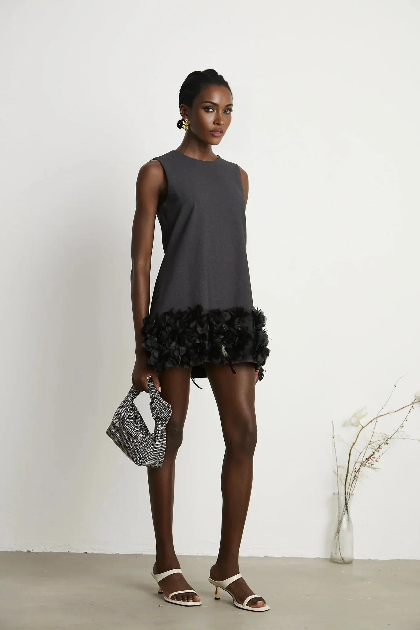 Antonietta Mini Dress - Sleeveless Crew Neck with Feather and Crystal Embellishments