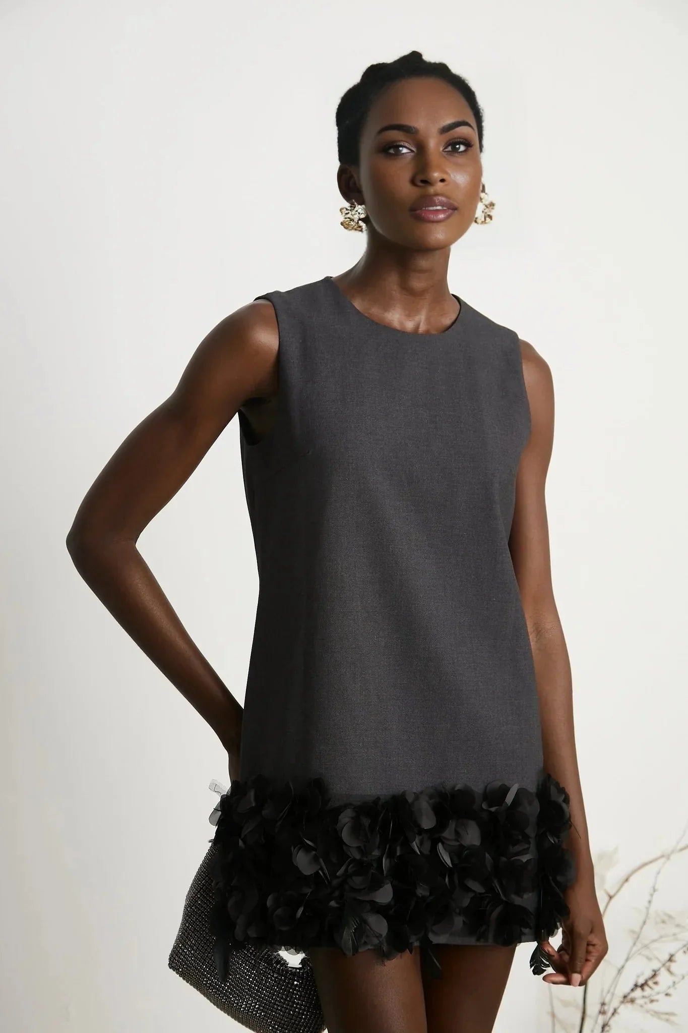 Antonietta Mini Dress - Sleeveless Crew Neck with Feather and Crystal Embellishments