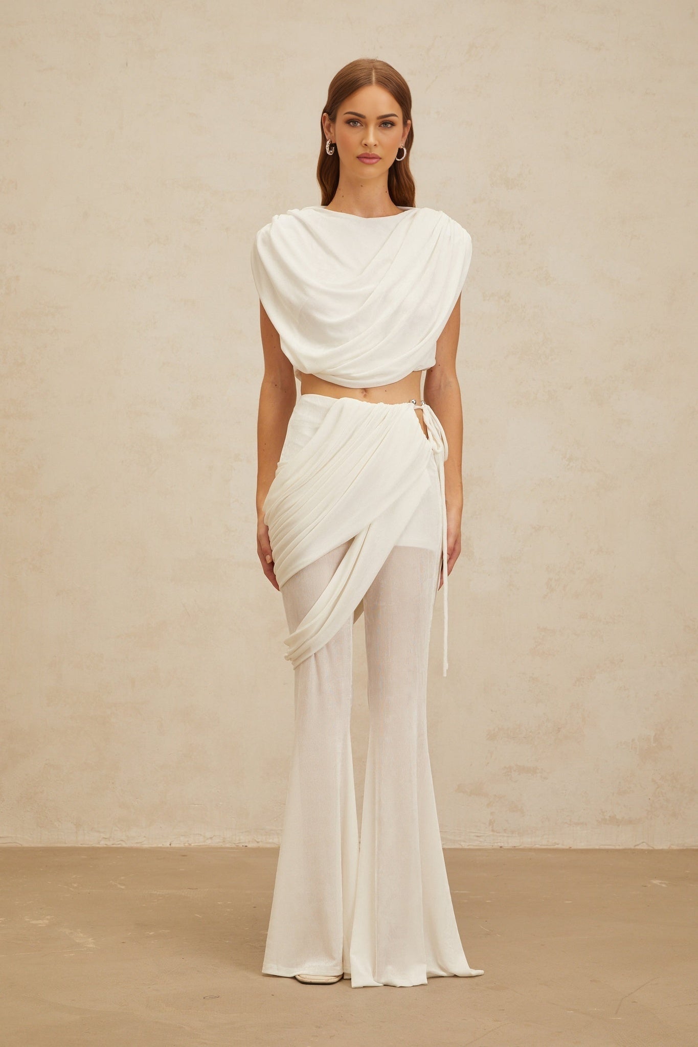 Antonietta Top & Trousers Set - Bateau Neck - Ruched Detailing - Asymmetrical Design - Flared Hem - Self - Tie Fastening