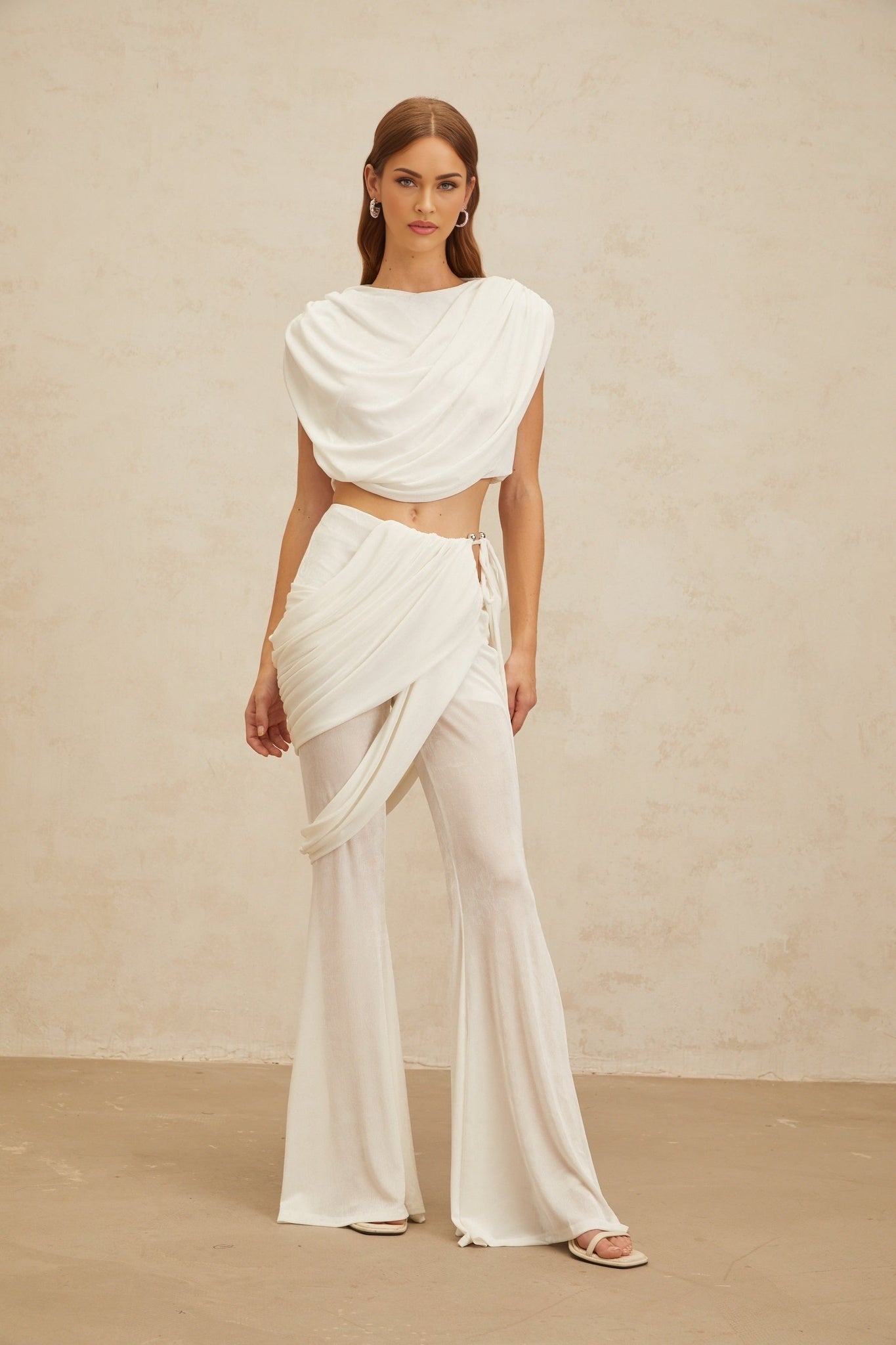 Antonietta Top & Trousers Set - Bateau Neck - Ruched Detailing - Asymmetrical Design - Flared Hem - Self - Tie Fastening