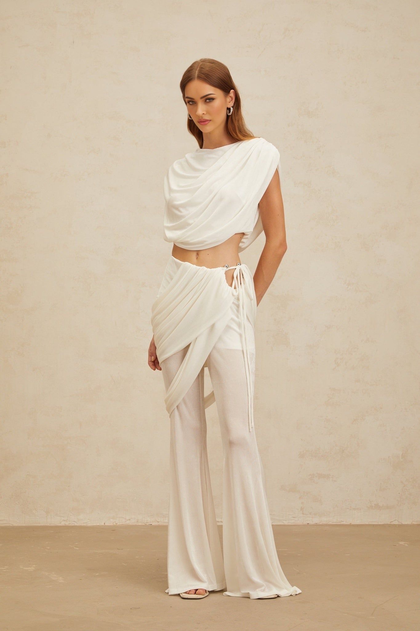 Antonietta Top & Trousers Set - Bateau Neck - Ruched Detailing - Asymmetrical Design - Flared Hem - Self - Tie Fastening