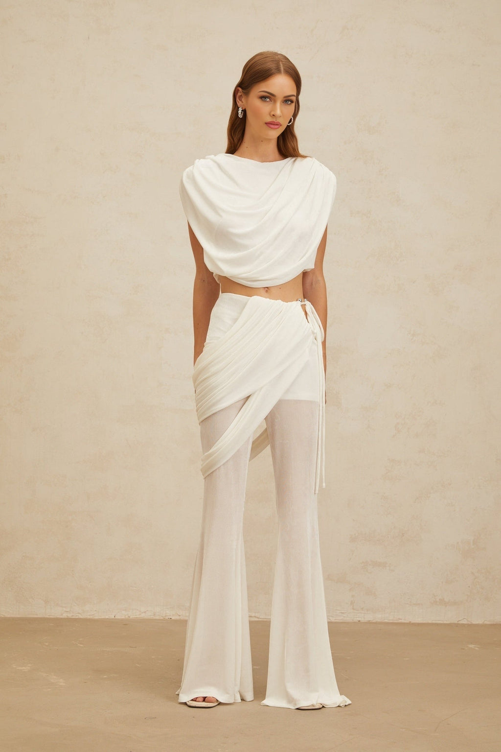 Antonietta Top & Trousers Set - Bateau Neck - Ruched Detailing - Asymmetrical Design - Flared Hem - Self - Tie Fastening