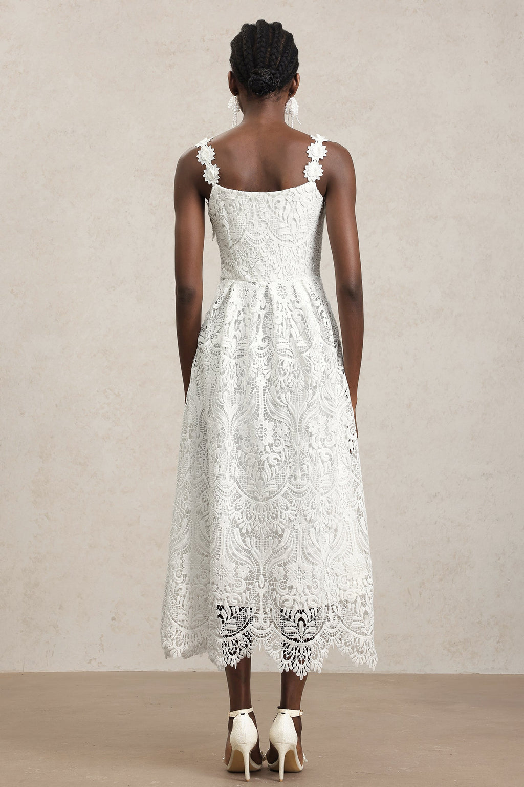 Antonietta White Lace Halter Neck Floral Embellished Mid-Length Dress for Weddings and Garden Parties
