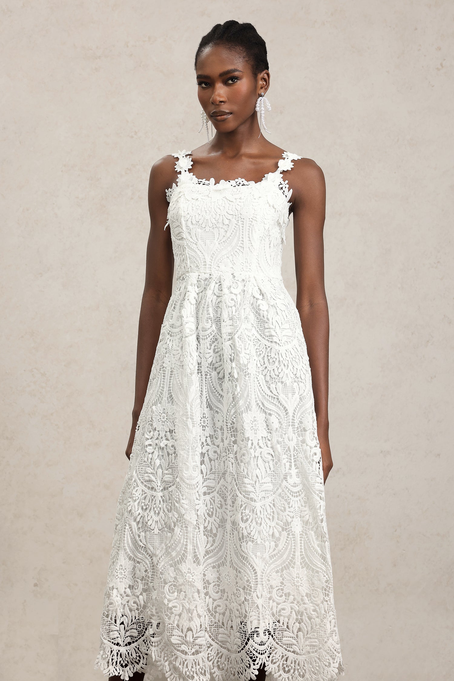Antonietta White Lace Halter Neckline Floral Embellished Mid-Length Dress for Weddings and Garden Parties