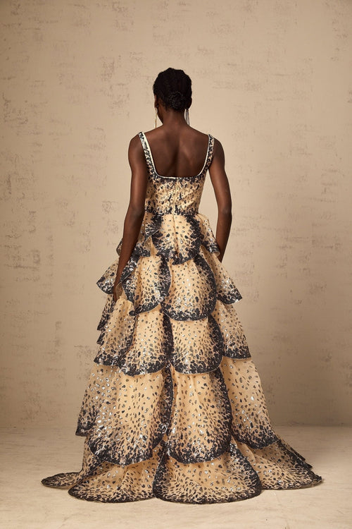 Antonina Maxi Dress - Square Neck - Sleeveless - Tiered Petal Design - Sequin Embellishment - Flared Skirt