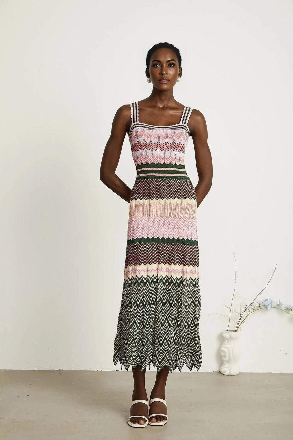 Antonina Midi Dress - Sleeveless - Scoop Neck - Wide Straps - Scalloped Edge