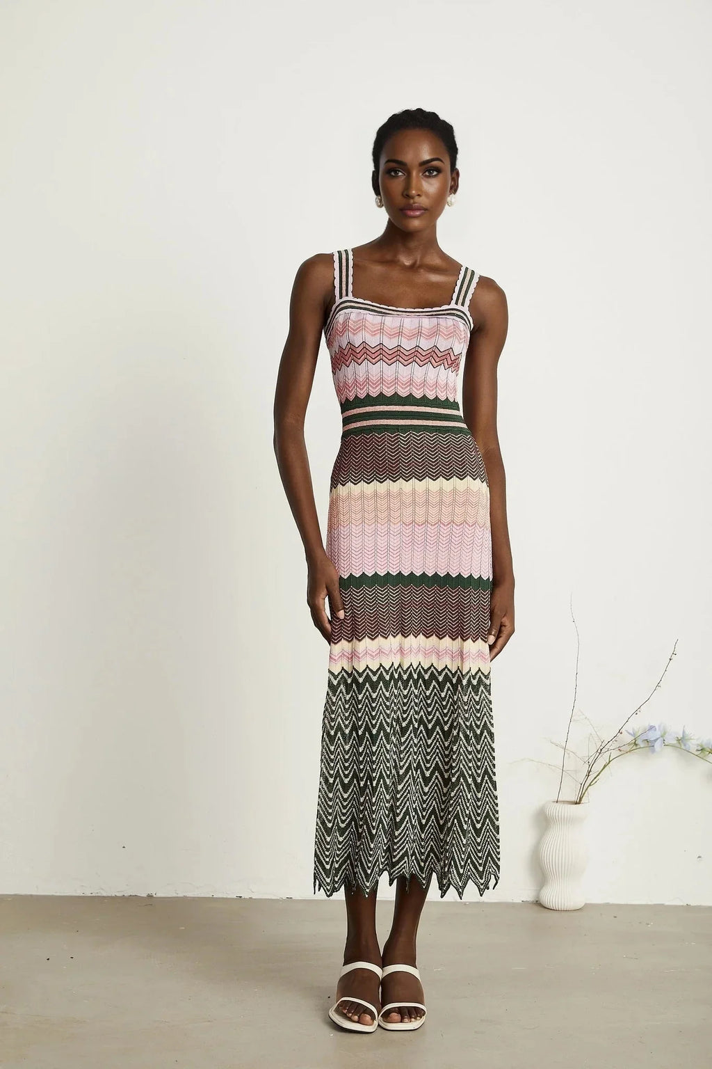 Antonina Midi Dress - Sleeveless - Scoop Neck - Wide Straps - Scalloped Edge