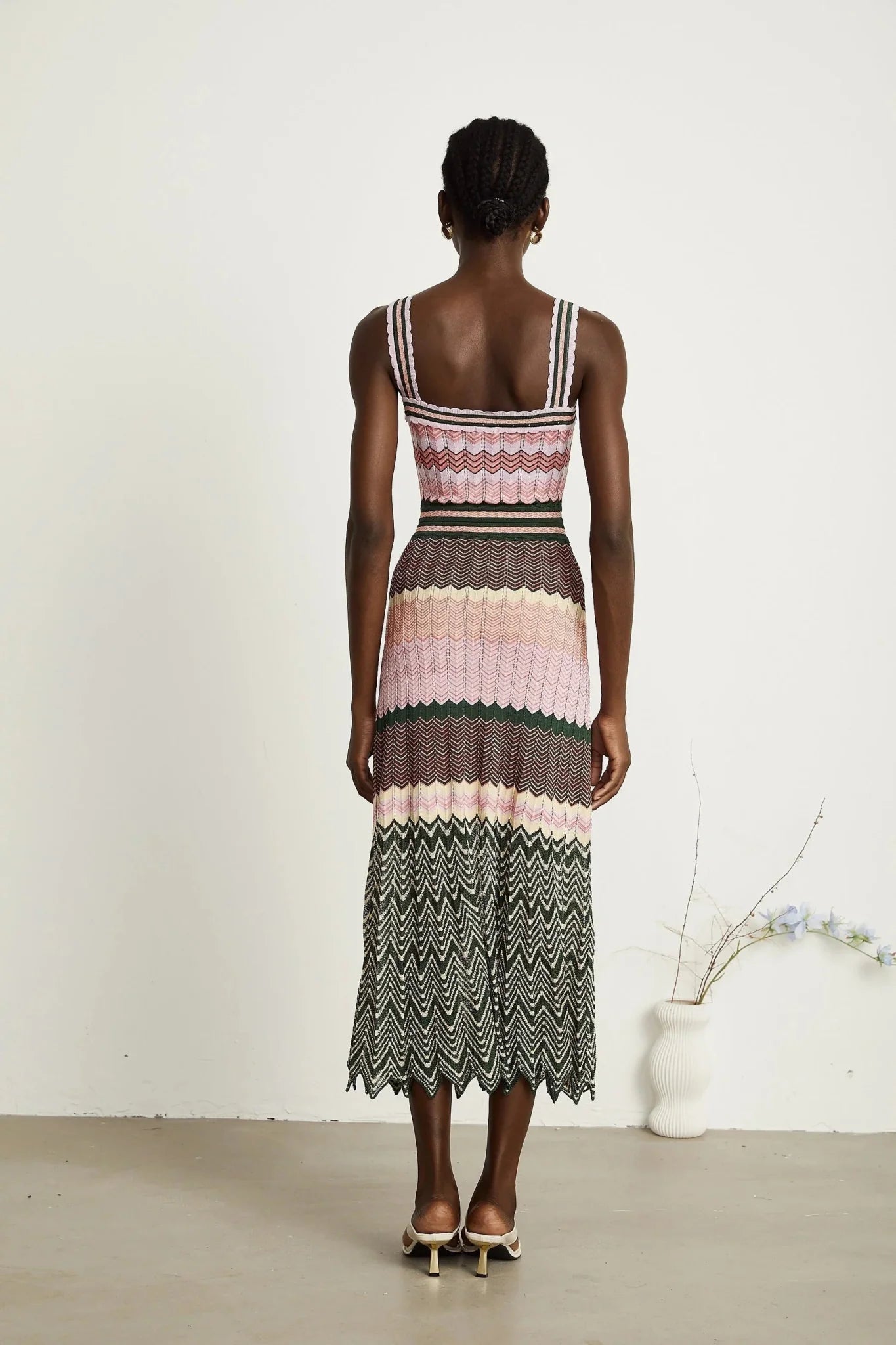 Antonina Midi Dress - Sleeveless - Scoop Neck - Wide Straps - Scalloped Edge
