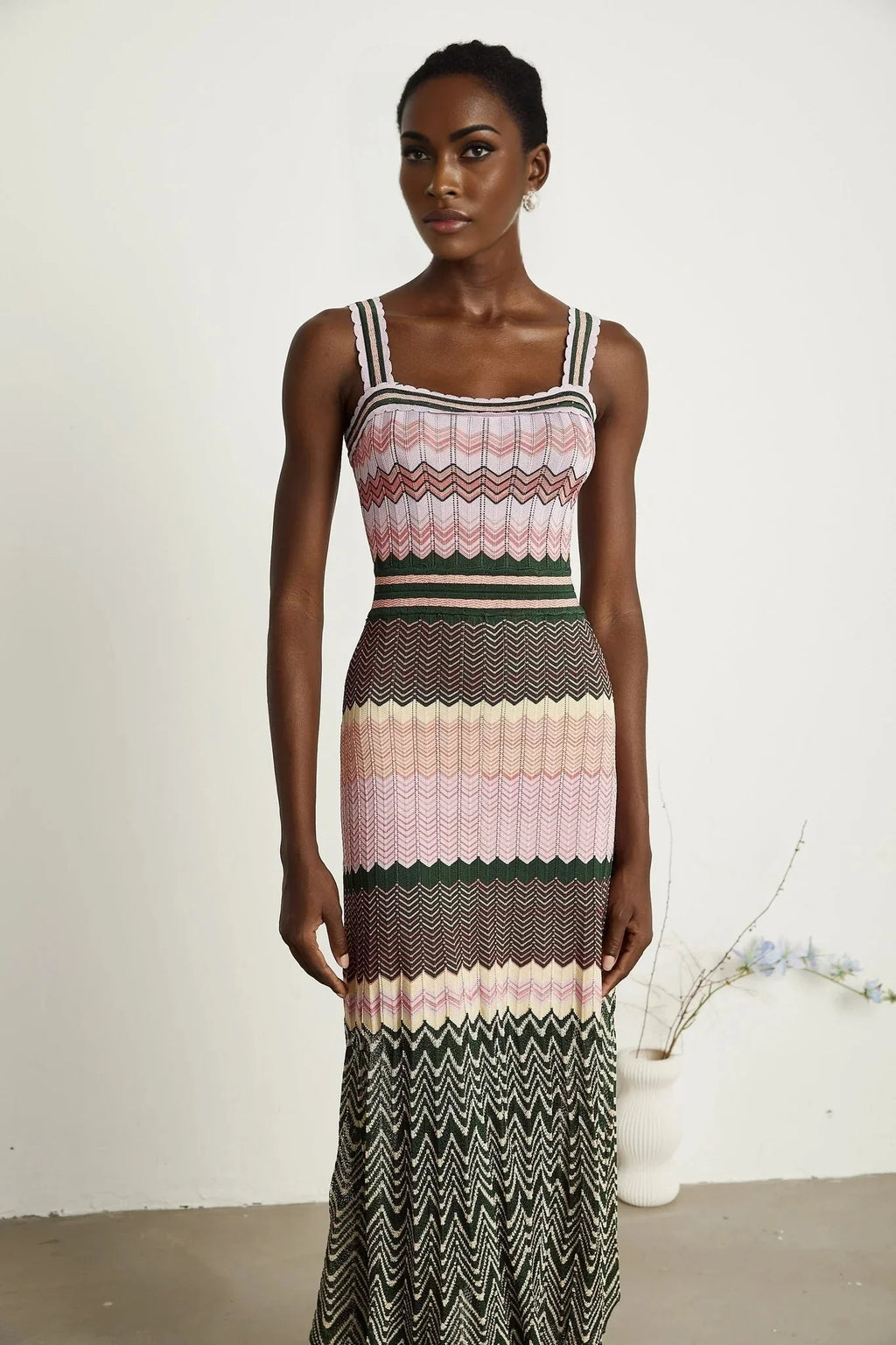 Antonina Midi Dress - Sleeveless - Scoop Neck - Wide Straps - Scalloped Edge